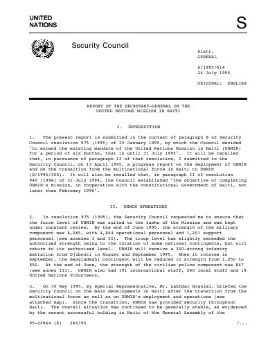 UNMIH - Report of the Secretary-General on the United Nations Mission in Haiti (S/1995/614)