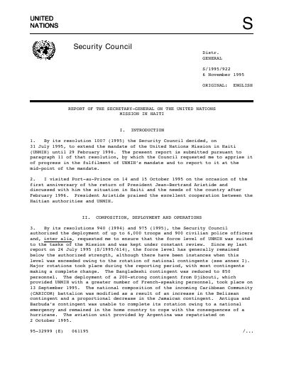 UNMIH - Report of the Secretary-General on the United Nations Mission in Haiti (S/1995/922)