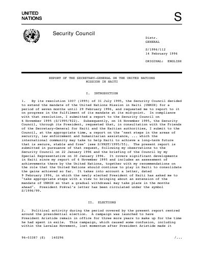 UNMIH - Report of the Secretary-General on the United Nations Mission in Haiti (S/1996/112)