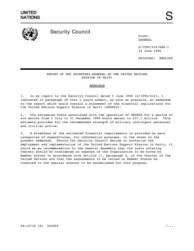 UNMIH - Report of the Secretary-General on the United Nations Mission in Haiti, Addendum: financial implications of UNSMIH (S/1996/416/Add.1)