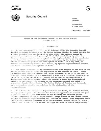 UNMIH - Report of the Secretary-General on the United Nations Mission in Haiti (S/1996/416)