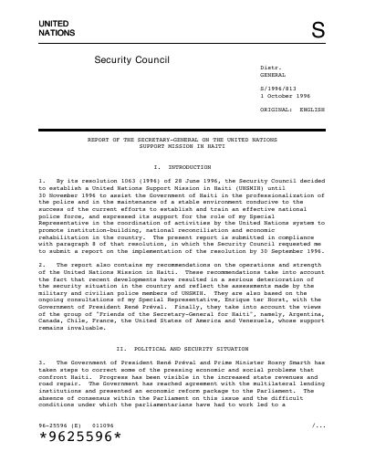 UNSMIH - Report of the Secretary-General on the United Nations Support Mission in Haiti (S/1996/813)