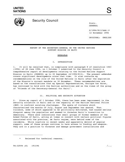 UNSMIH - Report of the Secretary-General on the United Nations Support Mission in Haiti, Addendum (S/1996/813/Add.1)