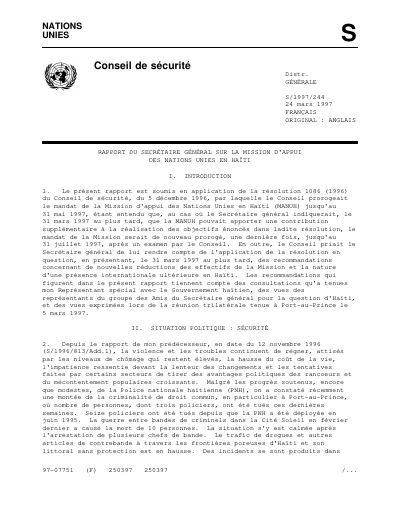 MANUH - Rapport du Secrétaire général sur la Mission d'appui des Nations Unies en Haïti (S/1997/244)