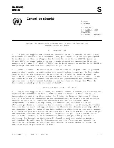 MANUH - Rapport du Secrétaire général sur la Mission d'appui des Nations Unies en Haïti (S/1997/564)