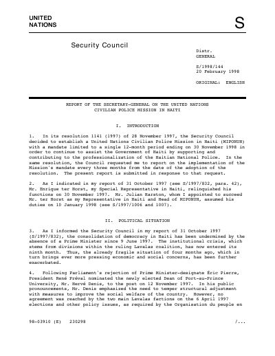 MIPONUH - Report of the Secretary-General on the United Nations Civilian Police Mission in Haiti (S/1998/144)
