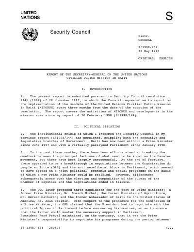 MIPONUH - Report of the Secretary-General on the United Nations Civilian Police Mission in Haiti (S/1998/434)