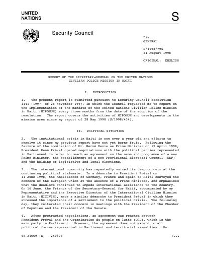 MIPONUH - Report of the Secretary-General on the United Nations Civilian Police Mission in Haiti (S/1998/796)