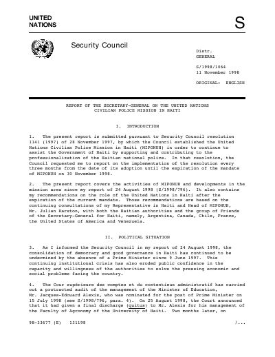 MIPONUH - Report of the Secretary-General on the United Nations Civilian Police Mission in Haiti (S/1998/1064)