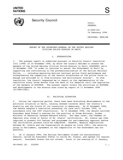 MIPONUH - Report of the Secretary-General on the United Nations Civilian Police Mission in Haiti (S/1999/181)