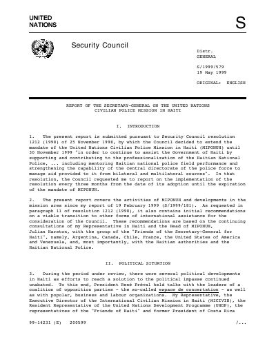 MIPONUH - Report of the Secretary-General on the United Nations Civilian Police Mission in Haiti (S/1999/579)