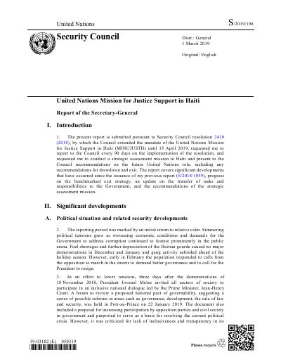 MINUJUSTH - Report of the Secretary-General on the United Nations Mission for Justice Support in Haiti (S/2019/198), 1 March 2019