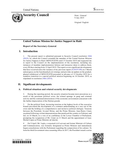 MINUJUSTH - Report of the Secretary-General on the United Nations Mission for Justice Support in Haiti (S/2019/563), 9 July 2019