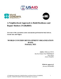 (2021) A Neighborhood Approach to Build Resilience and Repair Shelters (NABuRRS) Overview of the evacuation center assessments performed in Sud, Sud-est, Grand Anse and Nippes.