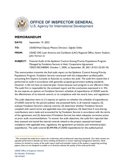 9-521-22-031-R: Financial Audit of the Epidemic Control Among Priority Populations Program Managed by Fondation Serovie in Haiti, October 2020 to September 2021