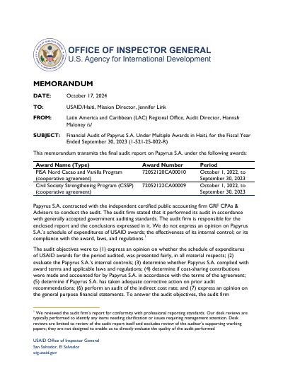 1-521-25-002-R: Financial Audit of Papyrus S.A. Under Multiple Awards in Haiti, Fiscal Year Ended September 30, 2023